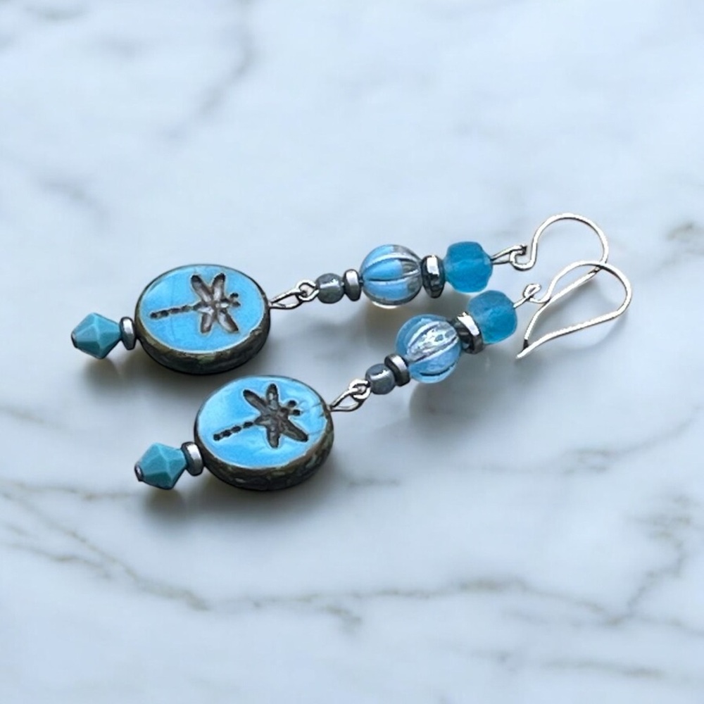 Handcrafted blue dragonfly Czech glass dangly earrings - Picture 7 of 8